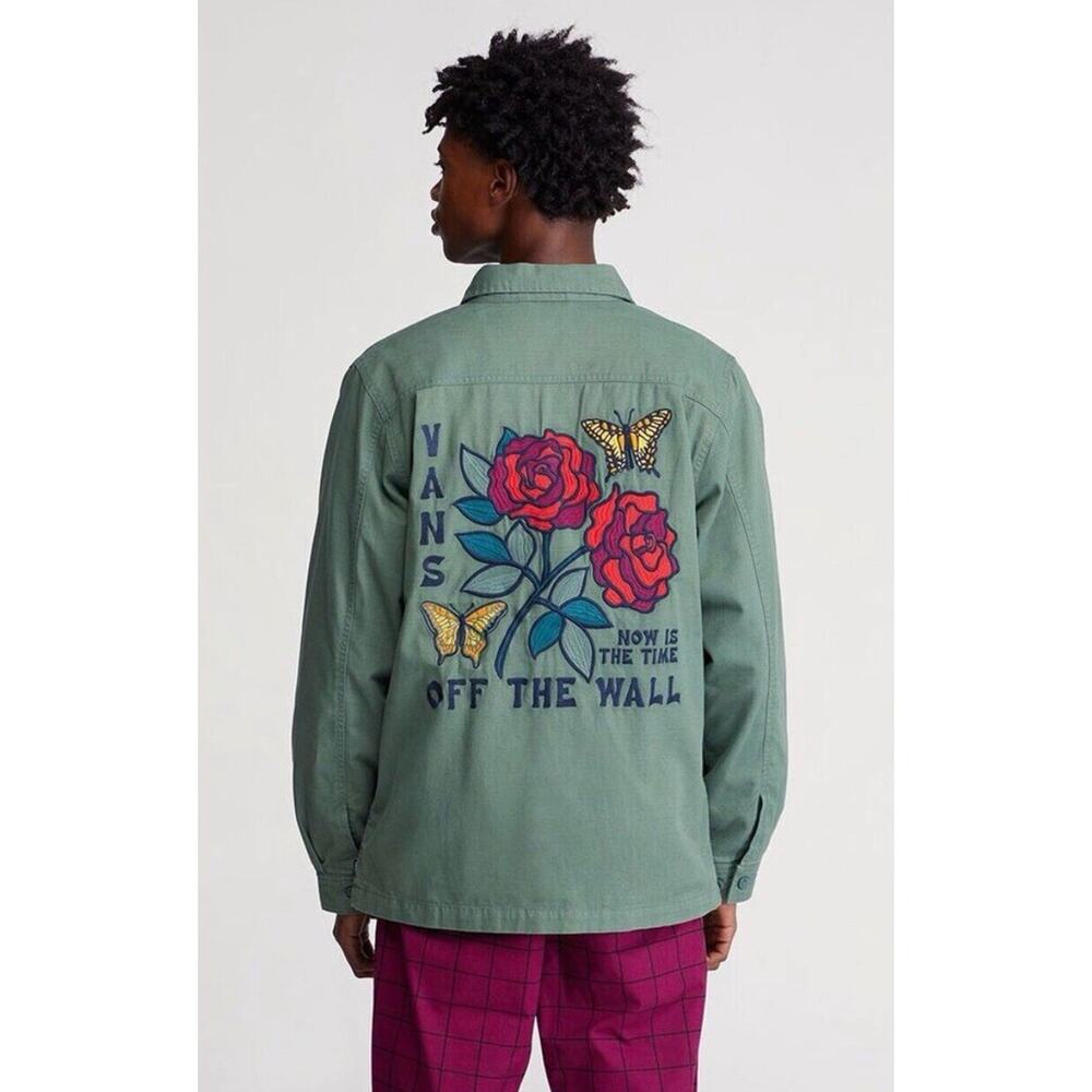Vans Jacket Olive Green Roses Butterfly Logan Station Coat Work Skater
